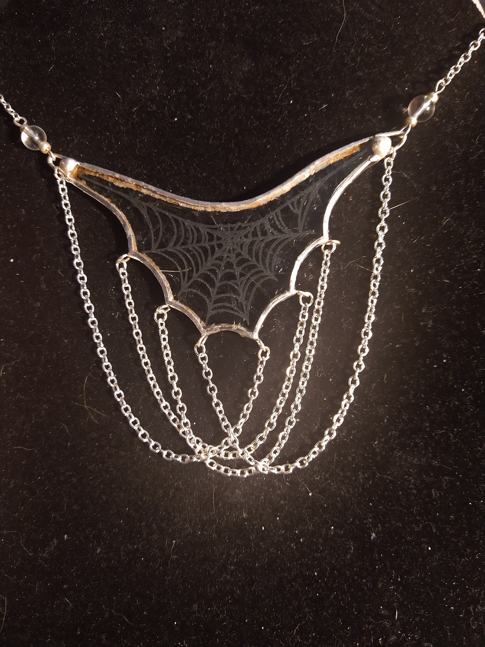 Black Spiderweb Statement Necklace with Silver Chains